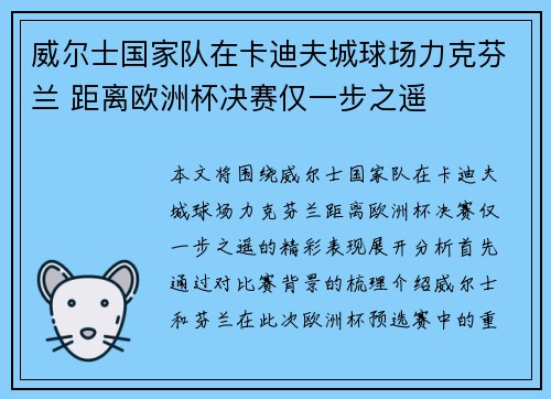 威尔士国家队在卡迪夫城球场力克芬兰 距离欧洲杯决赛仅一步之遥 威尔士国家队在卡迪夫城球场力克芬兰 距离欧洲杯决赛仅一步之遥
