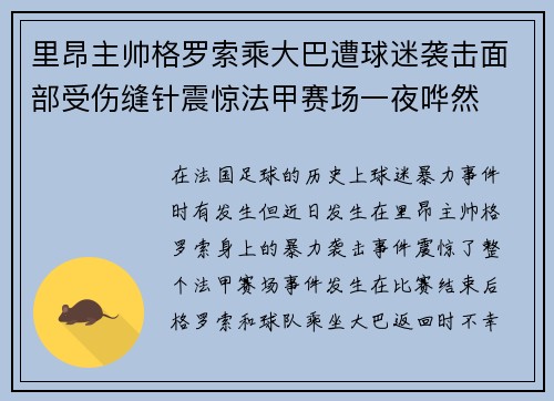 里昂主帅格罗索乘大巴遭球迷袭击面部受伤缝针震惊法甲赛场一夜哗然